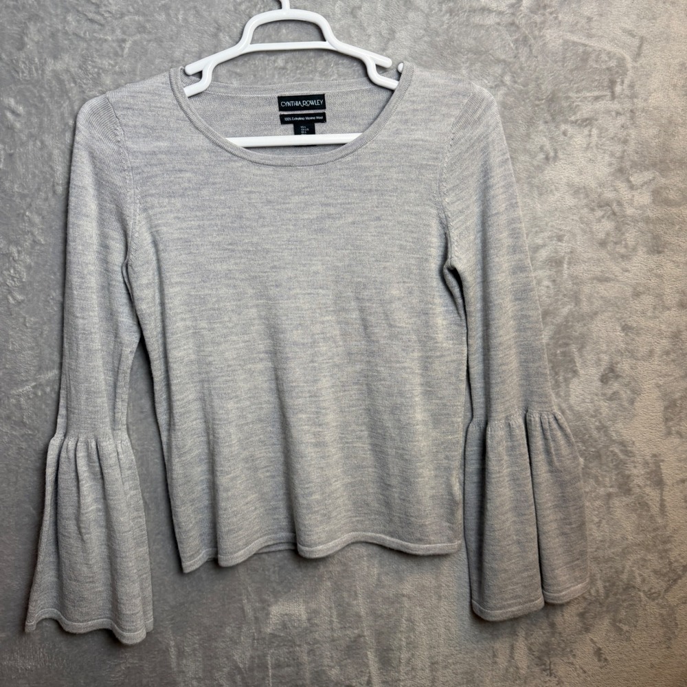 Cynthia Rowley Sweater Womens L Gray Merino Wool Bell Sleeve Knit Pullover Top